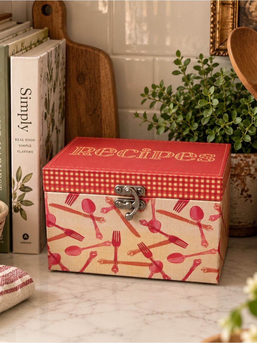 Red and Cream Recipe Box with Cutlery Print - Classic Kitchen Storage